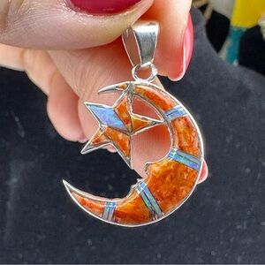 OP .925 Silver/Orange Crescent Moon & Star Pendant, Multi Gemstone /Opal Inlayed